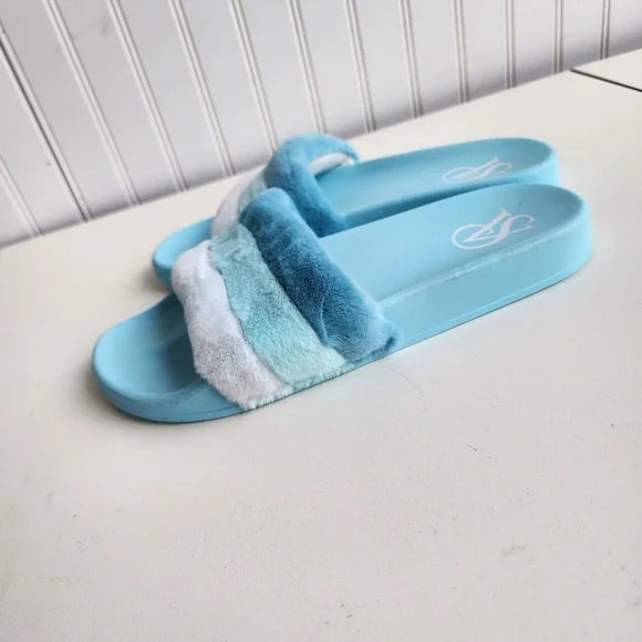 Victorias Secret Slides Sandals Aqua Blue Stripe Fur Fuzzy Slip Open Toe L 9/ 10 - Picture 5 of 7